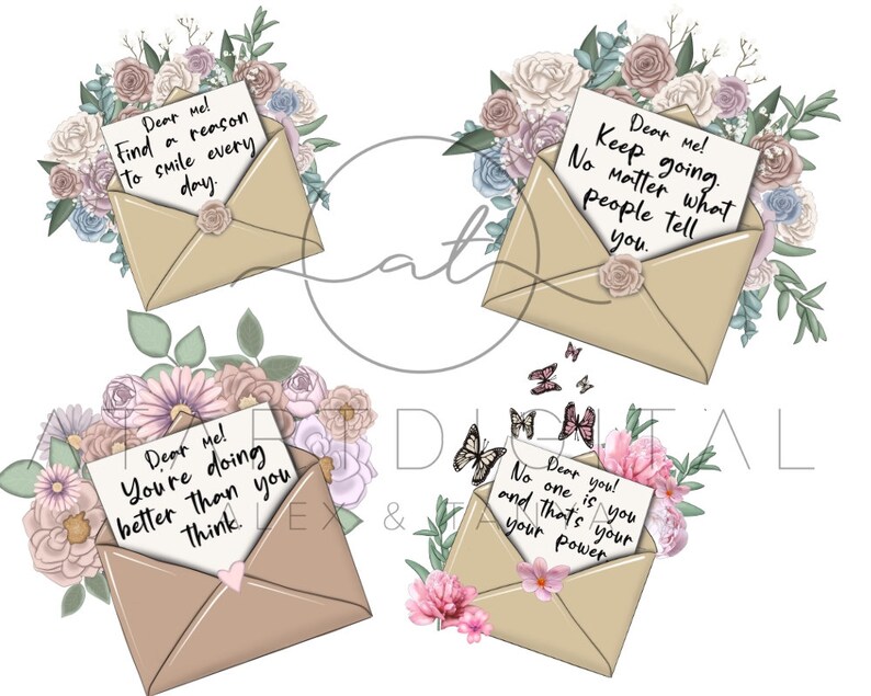 K&ouml;nnte beinhalten: Vier digitale Illustrationen von Briefumschl&auml;gen mit Blumenarrangements und motivierenden Botschaften. Die Botschaften lauten: "Liebe ich! Finde einen Grund, jeden Tag zu l&auml;cheln." "Liebe ich! Mach weiter. Egal, was die Leute sagen." "Liebe ich! Du machst es besser, als du denkst." "Liebe dich! Niemand ist wie du, und das ist deine Kraft."