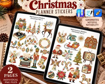 Mid Century Modern Christmas Planner Stickers | GoodNotes Holiday Digital Stickers | Notability PNG | Retro Xmas Set | iPad Planner PNG Pack