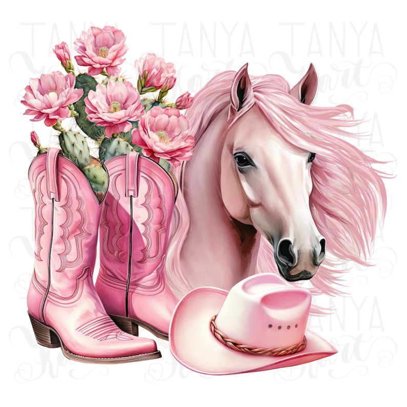 May include: Pink cowboy boots with cactus and pink flowers, a pink horse head with a pink mane, and a pink cowboy hat.