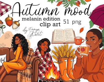 Fall Png Designs Black Woman Png Bundle - Autumn Digital Planner Stickers - Autumn Melanin Woman - Fall Cozy Png - Autumn Png Illustration
