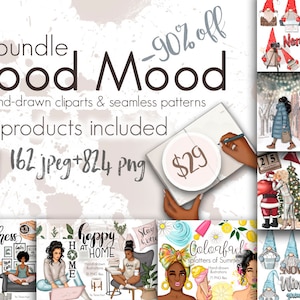 May include: A digital illustration bundle of 25 hand-drawn clipart and seamless patterns featuring women in various settings. The bundle includes illustrations of women drinking coffee, reading books, and enjoying summer. The text "Good Mood" is featured in the center of the image. The text "90% off" is featured in the top right corner of the image. The text "$29" is featured in the center of the image.