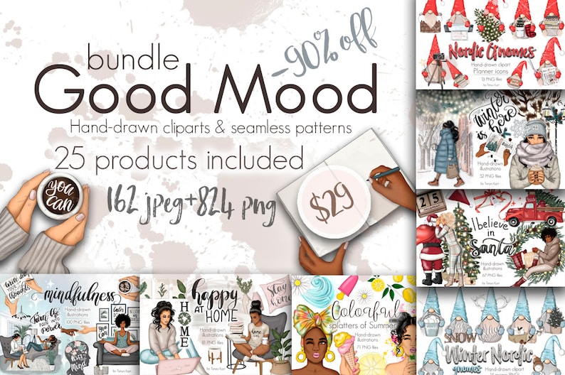 May include: A digital illustration bundle of 25 hand-drawn clipart and seamless patterns featuring women in various settings. The bundle includes illustrations of women drinking coffee, reading books, and enjoying summer. The text "Good Mood" is featured in the center of the image. The text "90% off" is featured in the top right corner of the image. The text "$29" is featured in the center of the image.