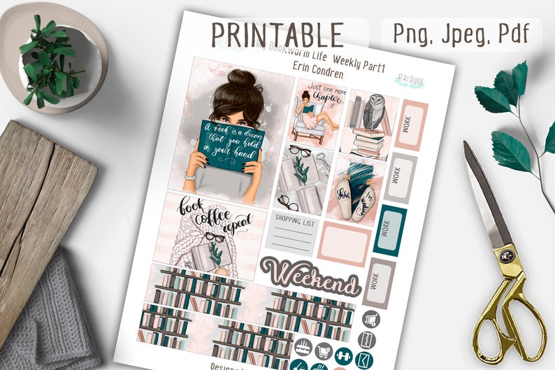 May include: Printable planner stickers with a bookworm theme. The stickers feature illustrations of books, coffee cups, and a woman reading. The text on the stickers includes "Just one more chapter", "A book is a dream that you hold in your hand", "Book Coffee Repeat", and "Weekend".