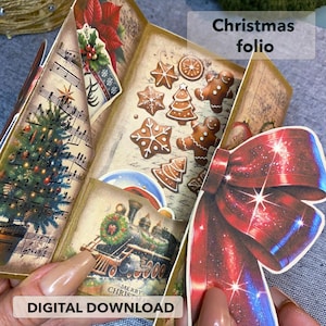 クリスマスポケットフォリオ 印刷可能 ジャンクジャーナル エフェメラ 折りたたみ式 3Dフォリオ クリスマスサンタ ファジーカット シャビーシック ヴィンテージ スクラップブック用紙