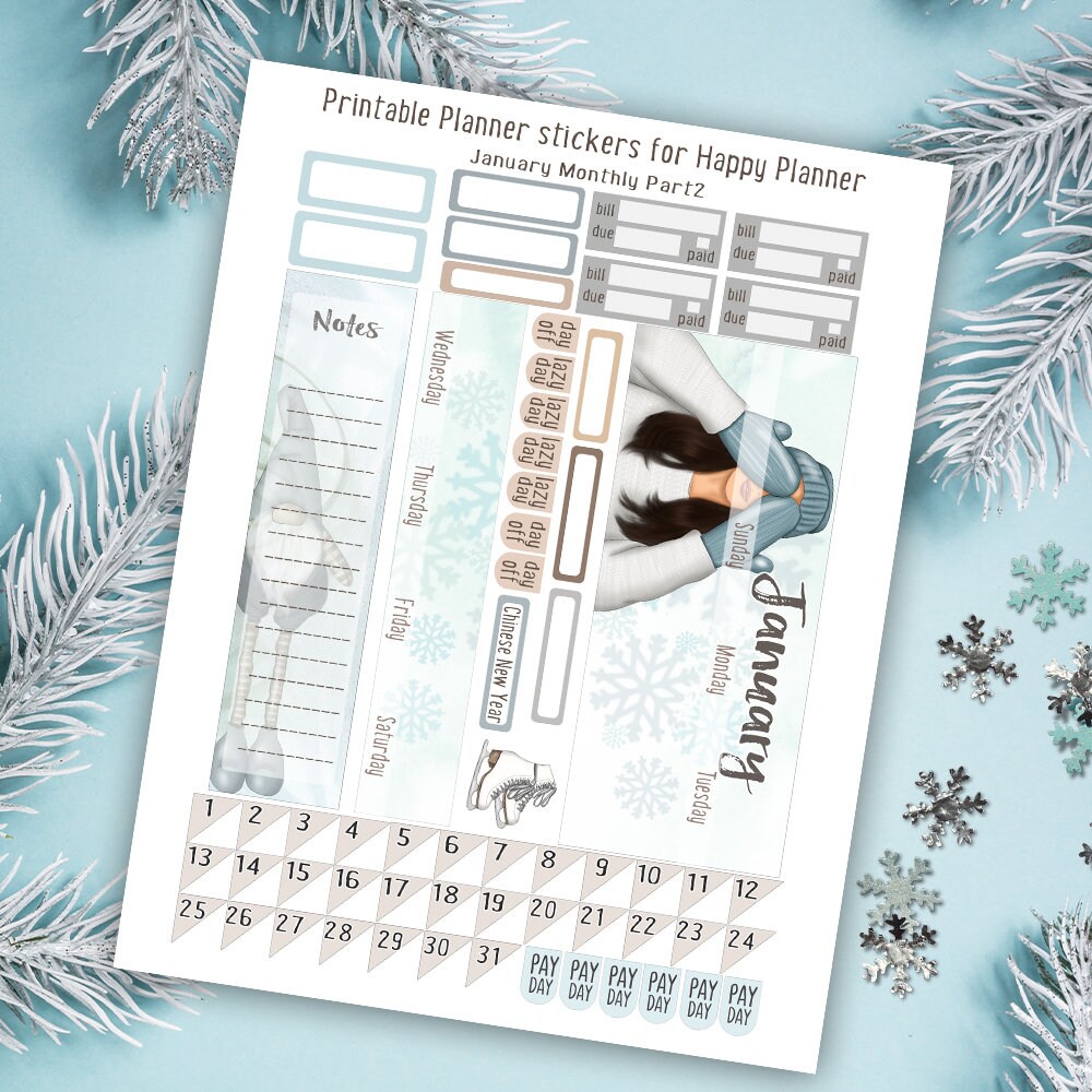 Printable January Monthly Stickers for Happy Planner, Winter Monthly ...