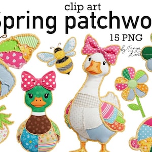 May include: Clip art featuring spring patchwork designs. Includes a butterfly, bee, duck, goose, strawberry, flower, clover, and rabbit. Each design is made of colorful fabric patches and has a whimsical, handmade aesthetic. Text reads "Spring patchwork".