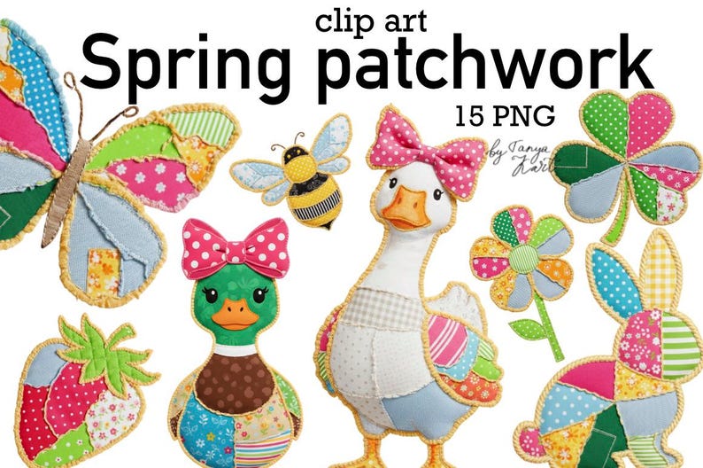 Peut inclure: Clip art de patchwork printanier avec un papillon, une abeille, un canard, une oie, une fraise, une fleur, un tr&egrave;fle et un lapin. Chaque motif est fait de pi&egrave;ces de tissu color&eacute;es. Le texte indique "Spring patchwork".