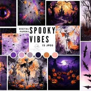 Paquete de papel digital de Halloween: patrones de brujas y calabazas para scrapbooking, gótico espeluznante, fondo morado, papel de telaraña.