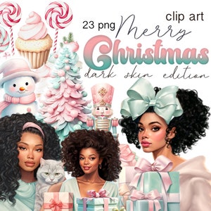 Pacchetto di clipart natalizie di ragazze nere, PNG digitali, clipart natalizie pastello, Babbo Natale, treno polare, città di Natale, camion dell'albero di Natale