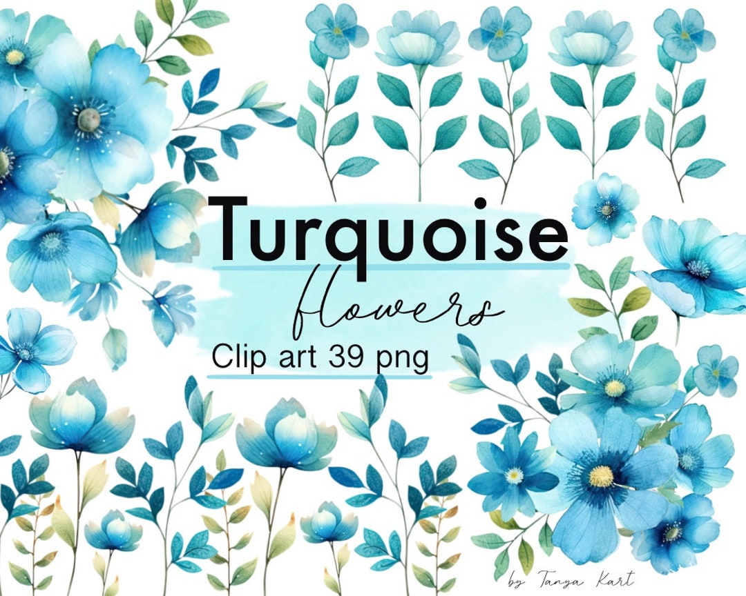 Watercolor Blue Turquoise Flowers Clip Art, Floral Png Instant Download