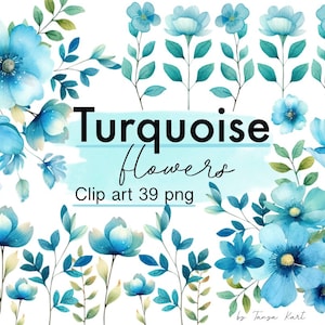 水彩画の青いターコイズの花のクリップアート、デジタル招待状用の花のPNGインスタントダウンロード、春の花のデザイン商用利用