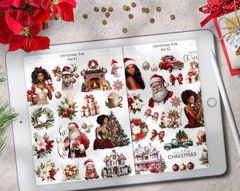 May include: A tablet screen displaying digital art prints titled 'Christmas Eve Part 1' and 'Part 2'. The festive illustrations feature Santa, a reindeer, gifts, and Christmas decorations in red, green, and gold.