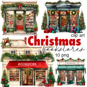 Download di arte digitale della libreria di Natale, pacchetto di clipart del villaggio di Natale per il design di pianificatore digitale e maglietta, buone feste, PNG di Capodanno
