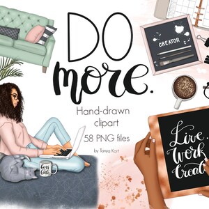 May include: A digital illustration of a woman working on a laptop with a cat curled up on the floor beside her. The illustration includes a couch, a potted plant, books, a coffee cup, a calendar, a chalkboard with the text "CREATOR", and a second chalkboard with the text "Live. Work. Creat". The text "DO more." is written in large, stylized font.