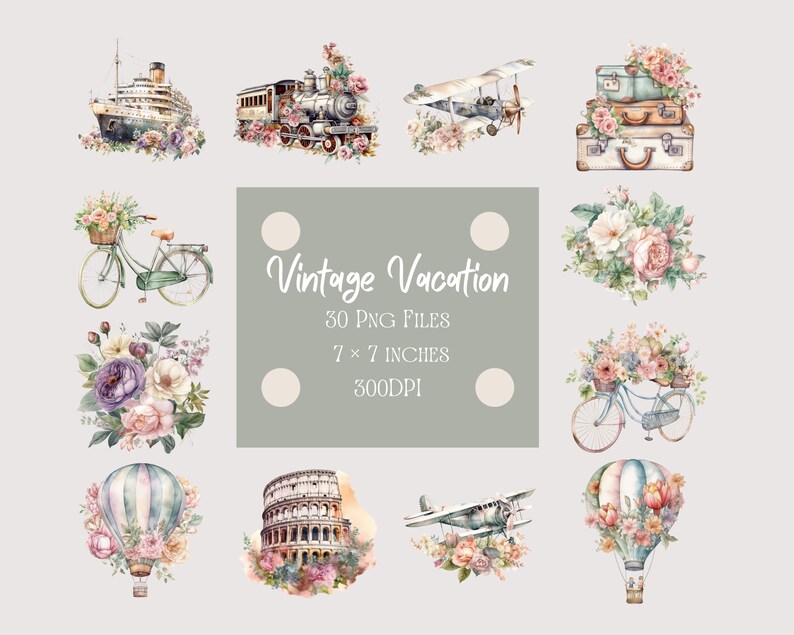 30 Vintage Travel Png Clipart Instant Download For Commercial Use, Scrapbook Elements, Vintage Ephemera, Retro Travel Png For Sublimation