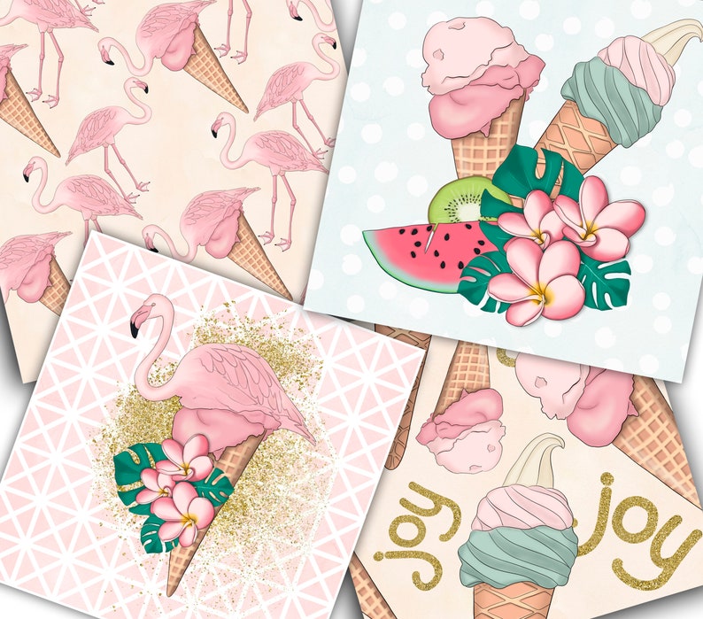 Op de afbeelding: Vier digitale papierontwerpen met roze flamingo's, ijshoorns, watermeloen en tropische bloemen. De ontwerpen zijn perfect voor scrapbooking, kaartmaken en andere knutselprojecten.