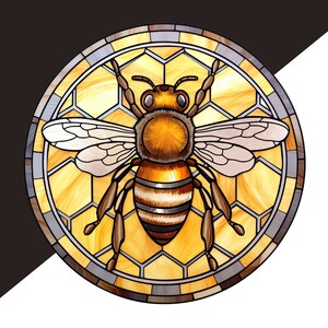 May include: A stained glass depiction of a bee with brown and yellow stripes, set against a honeycomb background. The bee is surrounded by a circular frame with a gray and brown border.