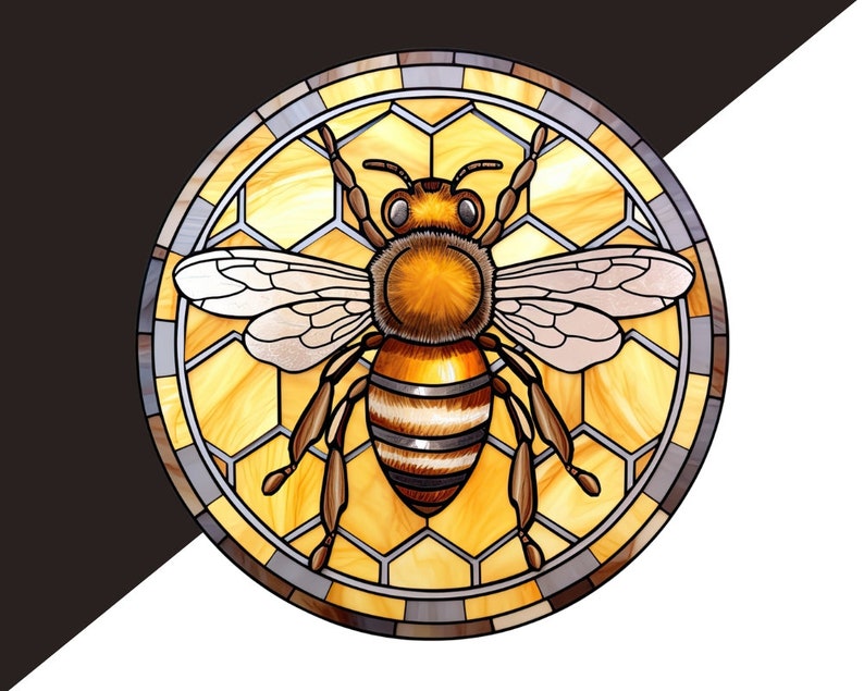 May include: A stained glass depiction of a bee with brown and yellow stripes, set against a honeycomb background. The bee is surrounded by a circular frame with a gray and brown border.