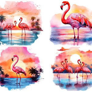 Flamingo Beach Sunset Clipart for Commercial Use, Watercolor Tropical Pink Flamingo Sublimation Designs, Ocean Sunset Png Instant Download image 7
