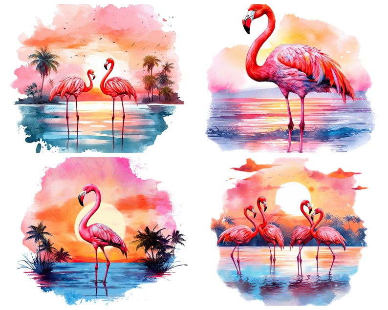 Flamingo Beach Sunset Clipart for Commercial Use, Watercolor Tropical Pink Flamingo Sublimation Designs, Ocean Sunset Png Instant Download image 7