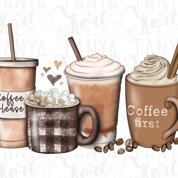 Bruine koffiekopjes digitale download png, koffieliefhebber png, koffiesublimatie, koffie graag afbeelding, handgetekende afdrukbare