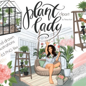 Clip Art de jardim, ilustrações de plantas domésticas, conjunto de clipart de arte da natureza para uso comercial, pacote de meninas da moda primavera, senhora da planta de estufa