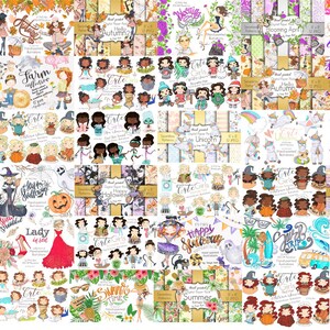 May include: A collection of digital art prints featuring watercolor illustrations. The prints include various themes such as animals, autumn, Halloween, and summer. The artwork includes text like "Cute Girls", "Happy Halloween", and "Summer Time".