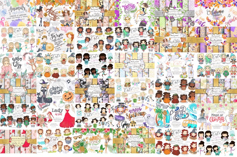 May include: A collection of digital art prints featuring watercolor illustrations. The prints include various themes such as animals, autumn, Halloween, and summer. The artwork includes text like "Cute Girls", "Happy Halloween", and "Summer Time".