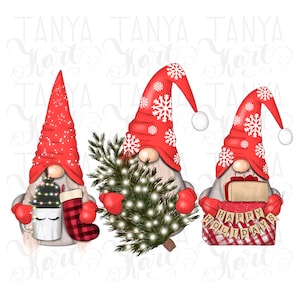 May include: Three Christmas gnomes with red hats and white beards. The gnome on the left is holding a mug with a white eye design and a red and black plaid stocking. The gnome in the middle is holding a small green Christmas tree with white lights. The gnome on the right is holding a gift box with a red and white plaid bow and the words "Happy Holidays" on it.