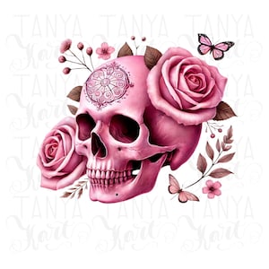 Pink Skull & Flower Watercolor PNG, Boho Floral Sublimation, Gothic Instant Download, Skeleton Floral PNG, Commercial Use Sublimation File