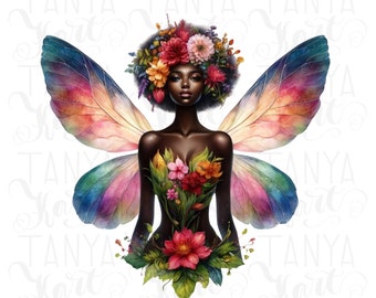 Floral Fairy Melanin Printable Design, Digital Download Planner Sticker, Black Girl PNG Sublimation Design, Transparent PNG Shirt Design
