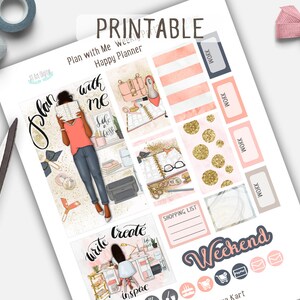May include: Printable planner stickers with a pink and gold color scheme. The stickers feature illustrations of a woman reading a book, a woman writing, and a shopping list. The text "Plan with Me Weekly Happy Planner" is at the top of the sheet.