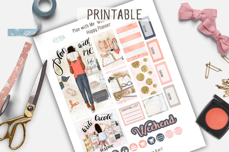 May include: Printable planner stickers with a pink and gold color scheme. The stickers feature illustrations of a woman reading a book, a woman writing, and a shopping list. The text "Plan with Me Weekly Happy Planner" is at the top of the sheet.