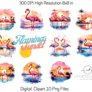 Flamingo Beach Sunset Clipart for Commercial Use, Watercolor Tropical Pink Flamingo Sublimation Designs, Ocean Sunset Png Instant Download image 4
