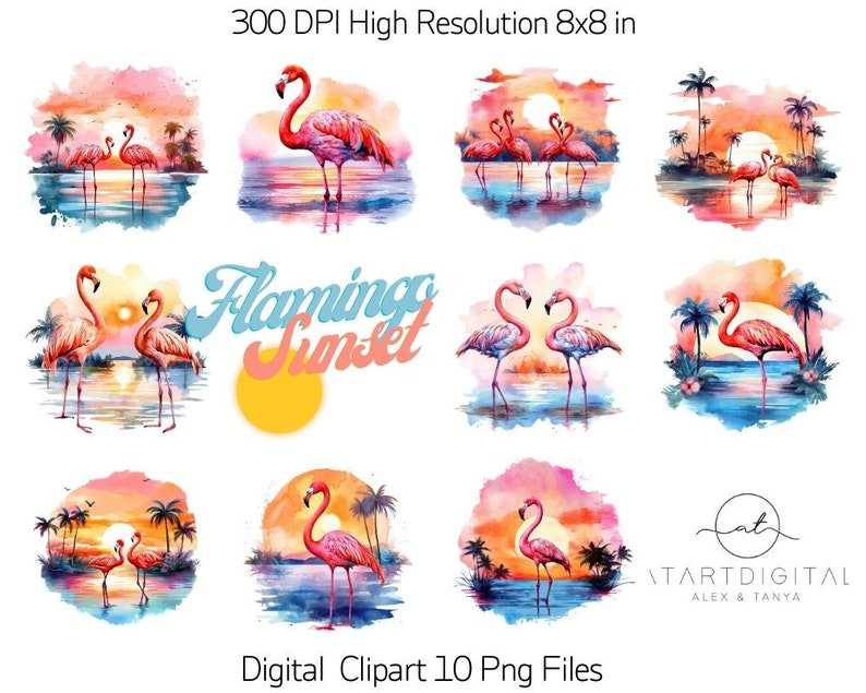 Flamingo Beach Sunset Clipart for Commercial Use, Watercolor Tropical Pink Flamingo Sublimation Designs, Ocean Sunset Png Instant Download image 4
