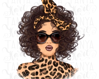 May include: A digital illustration of a woman with brown curly hair wearing sunglasses and a leopard print headband. She is wearing a leopard print top.