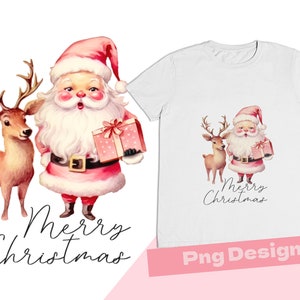 Retro Pink Santa Claus with Deer Design for Holiday Crafting, Vintage Holiday Sublimation Graphic, Printable Artwork for Children's Prints