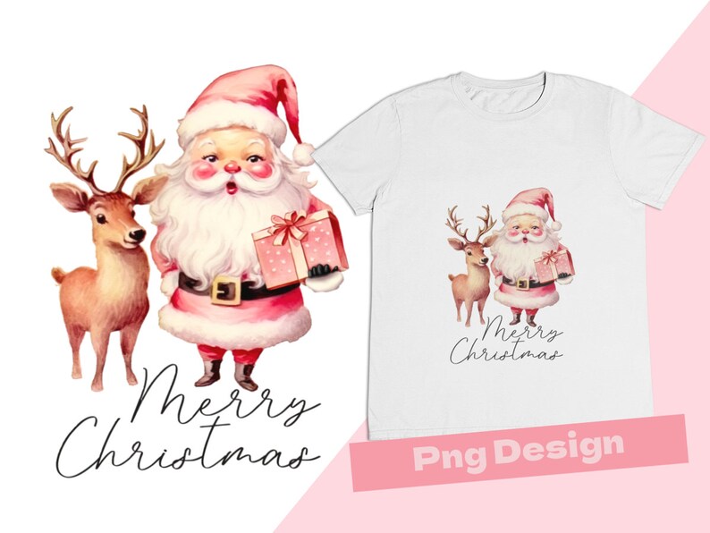 Retro Pink Santa Claus with Deer Design for Holiday Crafting, Vintage Holiday Sublimation Graphic, Printable Artwork for Children's Prints