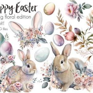 Ostern Pastell Clipart Bundle, Blumen Aquarell Designs, Osterhase, Frühlingsblumen Clip Art, Osterei Blumenmuster, Aquarell Clipart