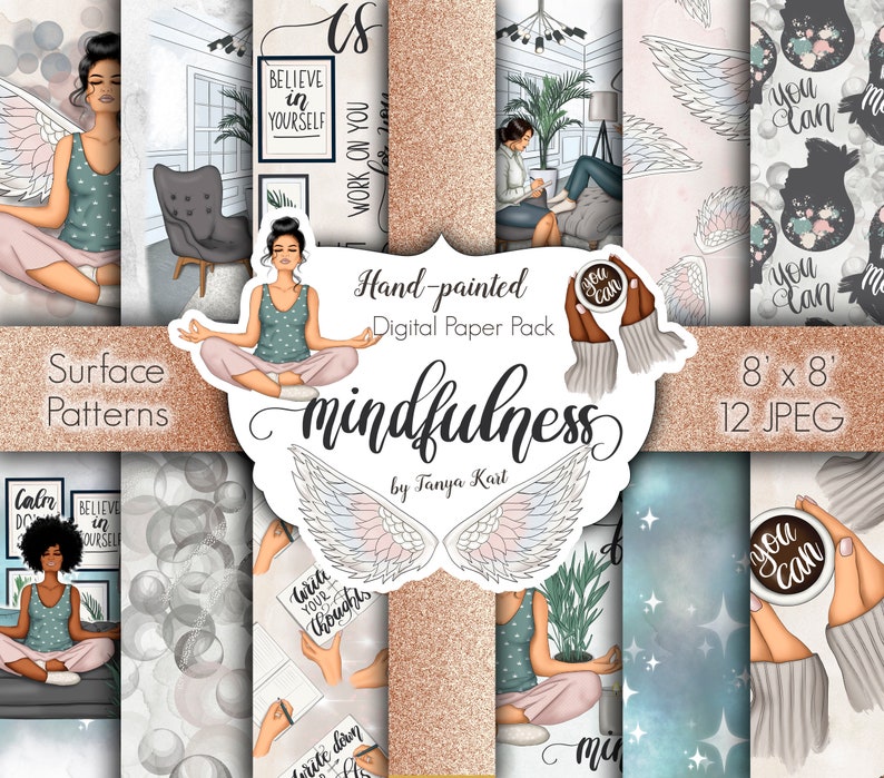 Mindfulness Yoga Papers: Watercolor Design Patterns (Digital Papers) image 1