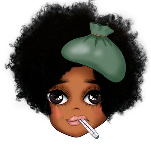 Puede incluir: Una ilustraci&oacute;n de dibujos animados de una persona con un peinado afro que lleva una compresa de hielo verde en la frente y sostiene un term&oacute;metro en la boca.