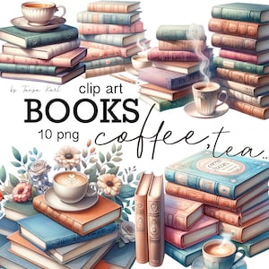 Kaffeetasse und Bücher Clipart Bundle, sofortiger Download, kommerzielle Nutzung PNG, Wtercolor Buchillustrationen, Teetassen, Büchertasse