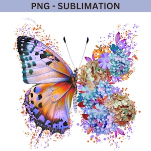 Puede incluir: Una mariposa colorida con alas naranjas, azules y moradas est&aacute; rodeada de un grupo de flores azules, moradas y naranjas. La mariposa y las flores est&aacute;n sobre un fondo blanco.