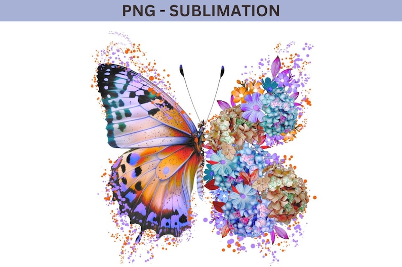 Puede incluir: Una mariposa colorida con alas naranjas, azules y moradas est&aacute; rodeada de un grupo de flores azules, moradas y naranjas. La mariposa y las flores est&aacute;n sobre un fondo blanco.