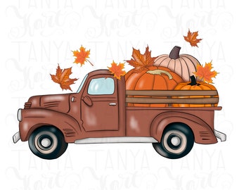 Truck With Pumpkins for Autumn Sublimation, Thanksgiving Fall Truck Png Instant Download, Autumn Leaves Sublimation Design File