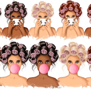 May include: A digital illustration of eight women with different hair colors and skin tones. Each woman is wearing pink hair rollers and has a different expression. Four of the women are holding coffee mugs and four of the women are blowing pink bubble gum.