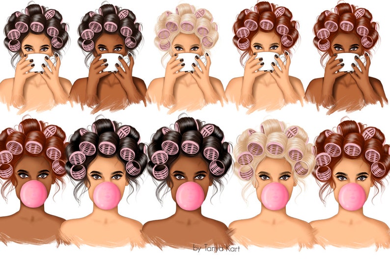 May include: A digital illustration of eight women with different hair colors and skin tones. Each woman is wearing pink hair rollers and has a different expression. Four of the women are holding coffee mugs and four of the women are blowing pink bubble gum.