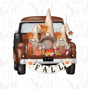 May include: A brown pickup truck bed filled with three gnomes, pumpkins, and fall foliage. The gnomes wear tall, pointed hats and hold autumn-themed items. A banner reading "FALL" hangs from the truck's tailgate. The image has a watercolor style.
