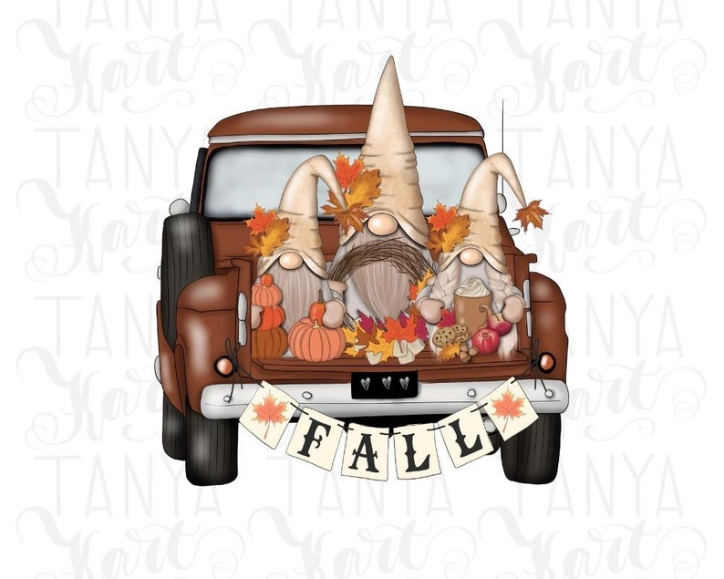 May include: A brown pickup truck bed filled with three gnomes, pumpkins, and fall foliage. The gnomes wear tall, pointed hats and hold autumn-themed items. A banner reading "FALL" hangs from the truck's tailgate. The image has a watercolor style.