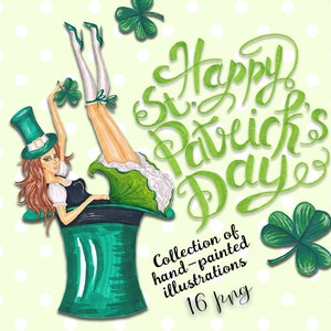 Lot de cliparts aquarelle pour la Saint-Patrick - trèfle vert et graphiques arc-en-ciel pour oeuvres d'art imprimables et fournitures créatives